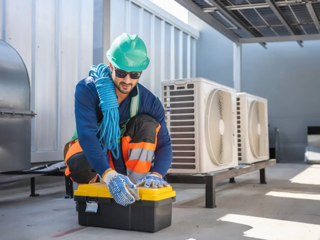 A man with a toolbox maintaining HVAC