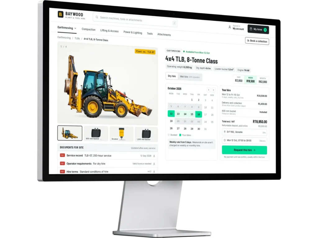 Mockup of an equipment and plant hire website.