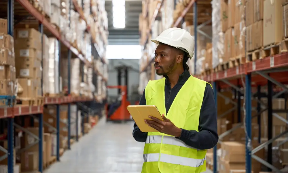 Worker in a warehouse with a tablet.